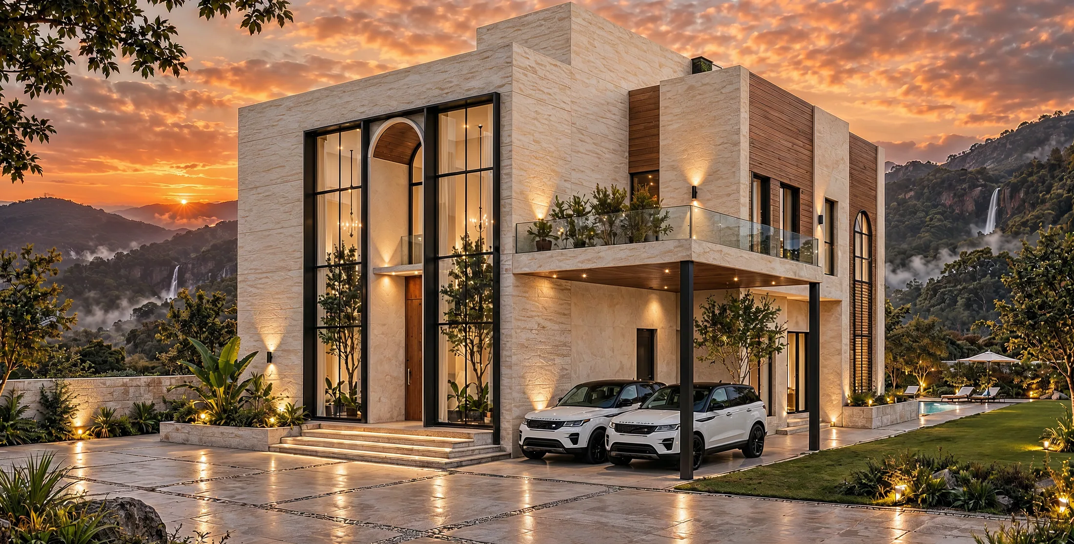 Evara villa, arrival elevation in limestone